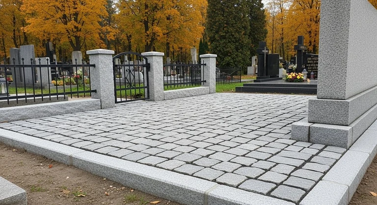 Благоустройство захоронений в Мурманске — мощение гранитной плиткой, цоколь и ограда на ухоженном участке
