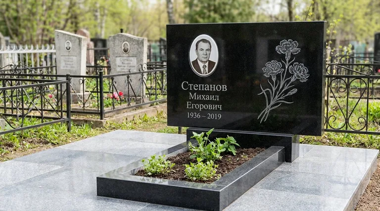 Памятник с гравировкой гвоздик — выполненная работа «Степанов» в Мурманске