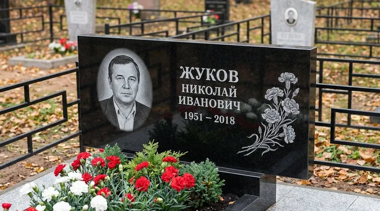 Памятник с гравировкой гвоздик — выполненная работа «Жуков» в Мурманске