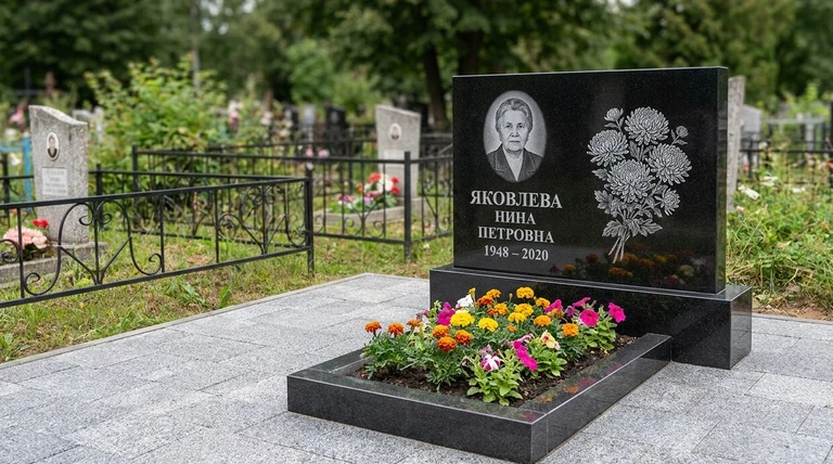 Гравировка хризантем на памятник в Мурманске — пример работы на граните