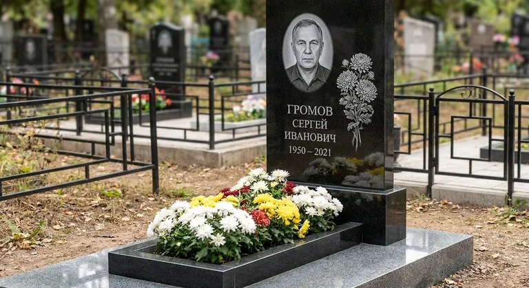 Памятник с гравировкой хризантем — выполненная работа «Громов» в Мурманске