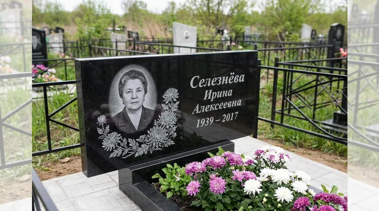 Памятник с гравировкой хризантем — выполненная работа «Селезнёва» в Мурманске