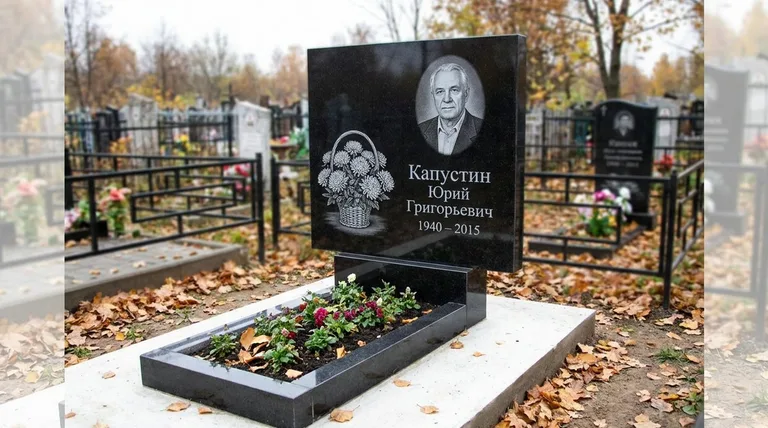 Памятник с гравировкой хризантем — выполненная работа «Капустин» в Мурманске
