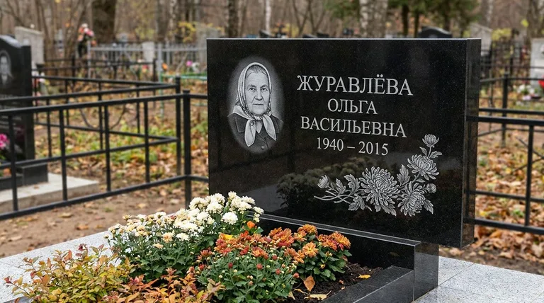 Памятник с гравировкой хризантем — выполненная работа «Журавлёва» в Мурманске