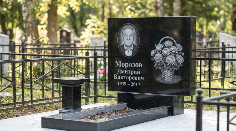 Памятник с гравировкой хризантем — выполненная работа «Морозов» в Мурманске