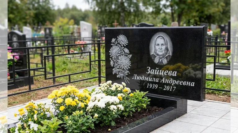 Памятник с гравировкой хризантем — выполненная работа «Зайцева» в Мурманске