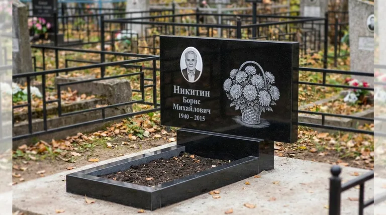 Памятник с гравировкой хризантем — выполненная работа «Никитин» в Мурманске