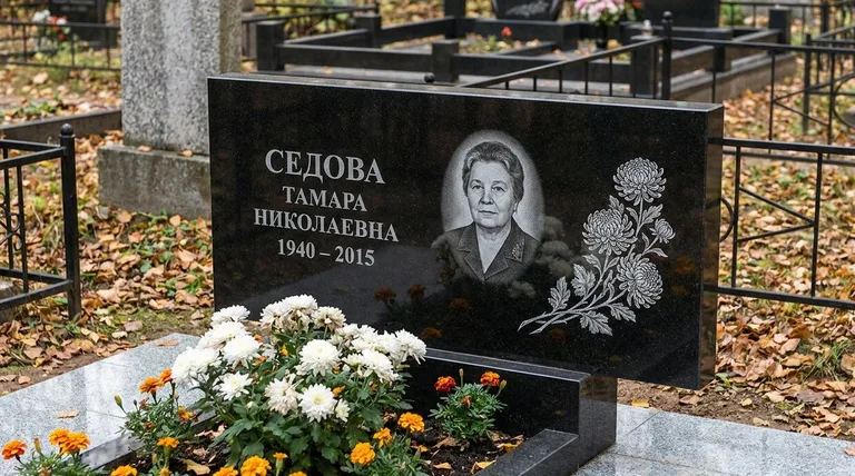 Памятник с гравировкой хризантем — выполненная работа «Седова» в Мурманске