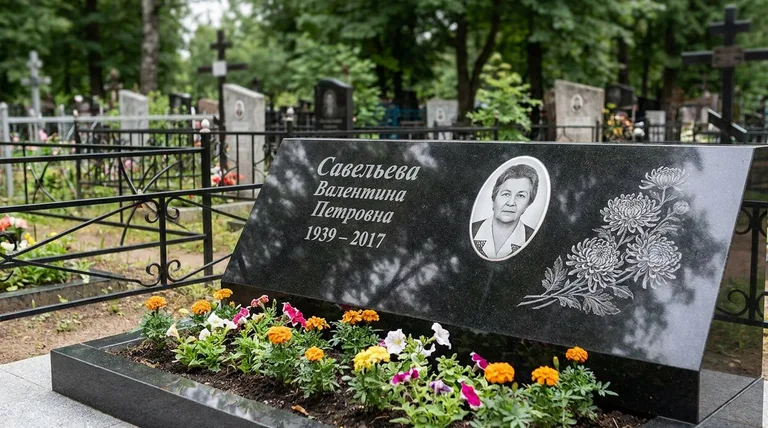 Памятник с гравировкой хризантем — выполненная работа «Савельева» в Мурманске
