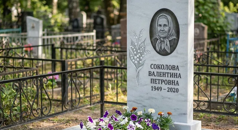 Памятник с гравировкой ландышей — выполненная работа «Соколова» в Мурманске