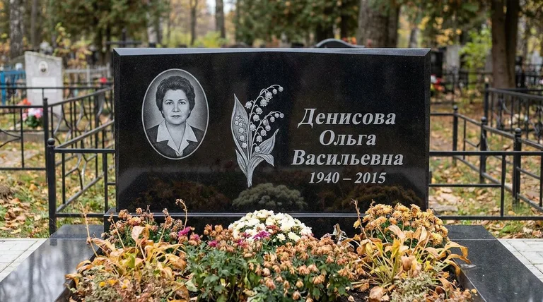 Памятник с гравировкой ландышей — выполненная работа «Денисова» в Мурманске