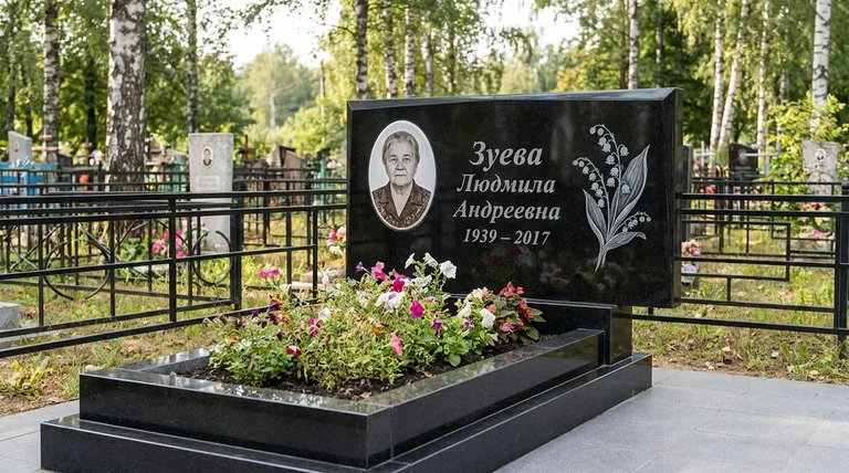 Памятник с гравировкой ландышей — выполненная работа «Зуева» в Мурманске