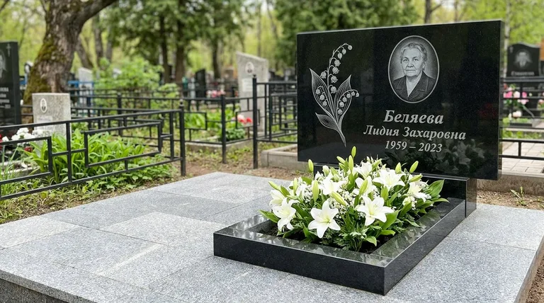 Памятник с гравировкой ландышей — выполненная работа «Беляева» в Мурманске