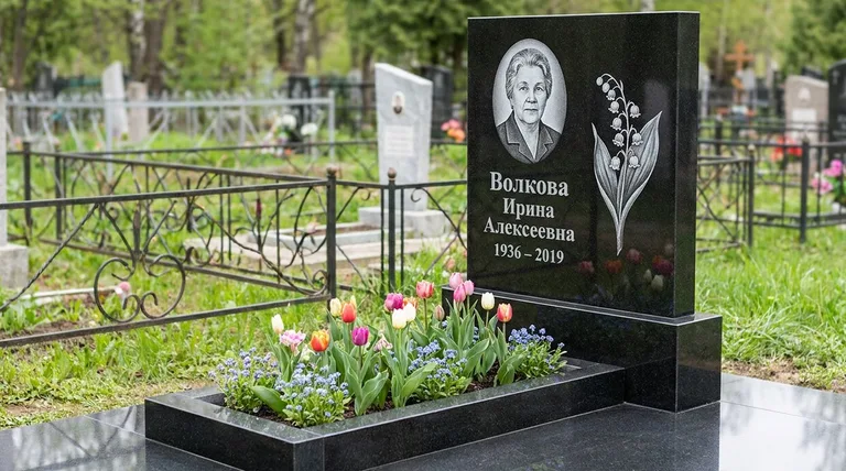 Памятник с гравировкой ландышей — выполненная работа «Волкова» в Мурманске