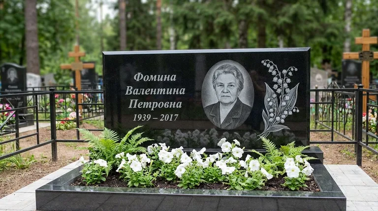 Памятник с гравировкой ландышей — выполненная работа «Фомина» в Мурманске