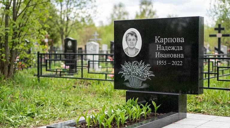 Памятник с гравировкой ландышей — выполненная работа «Карпова» в Мурманске