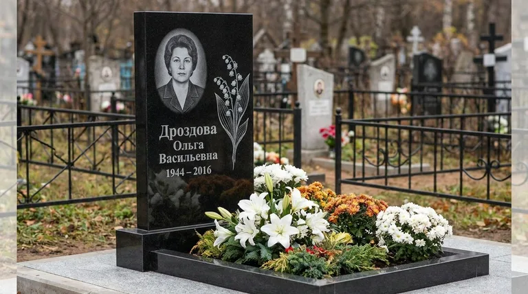 Памятник с гравировкой ландышей — выполненная работа «Дроздова» в Мурманске