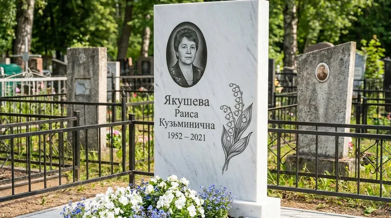 Памятник с гравировкой ландышей — выполненная работа «Якушева» в Мурманске
