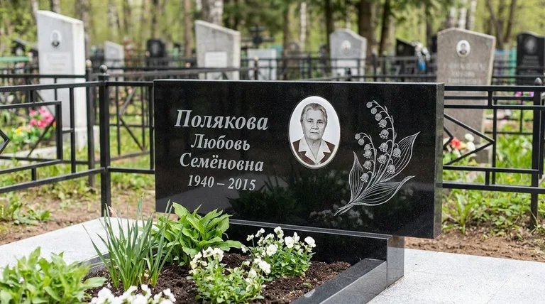 Памятник с гравировкой ландышей — выполненная работа «Полякова» в Мурманске
