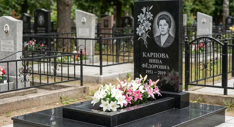 Памятник с гравировкой лилий — выполненная работа «Карпова» в Мурманске