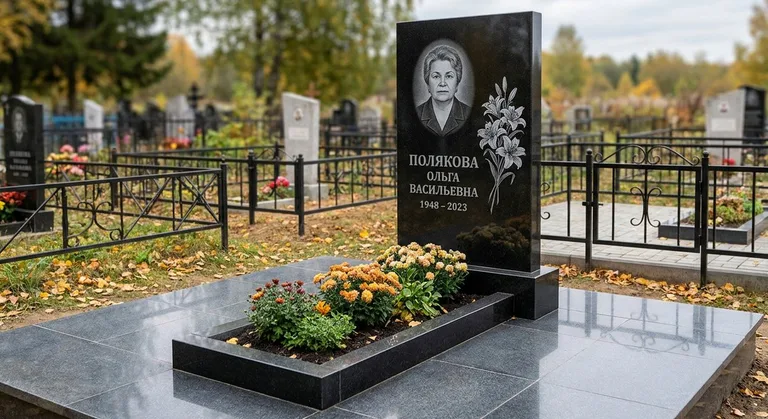 Памятник с гравировкой лилий — выполненная работа «Полякова» в Мурманске