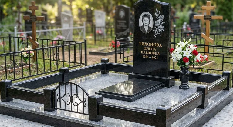 Памятник с гравировкой лилий — выполненная работа «Тихонова» в Мурманске