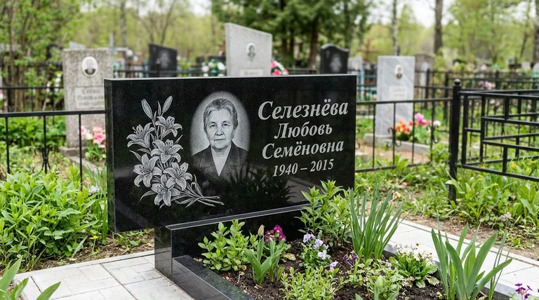 Памятник с гравировкой лилий — выполненная работа «Селезнёва» в Мурманске