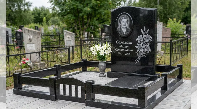 Памятник с гравировкой лилий — выполненная работа «Соколова» в Мурманске