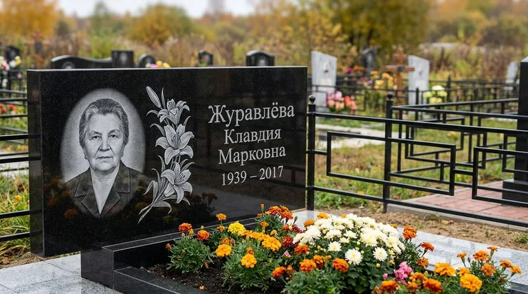 Памятник с гравировкой лилий — выполненная работа «Журавлёва» в Мурманске