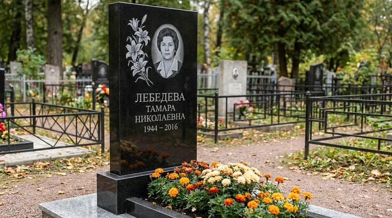 Памятник с гравировкой лилий — выполненная работа «Лебедева» в Мурманске