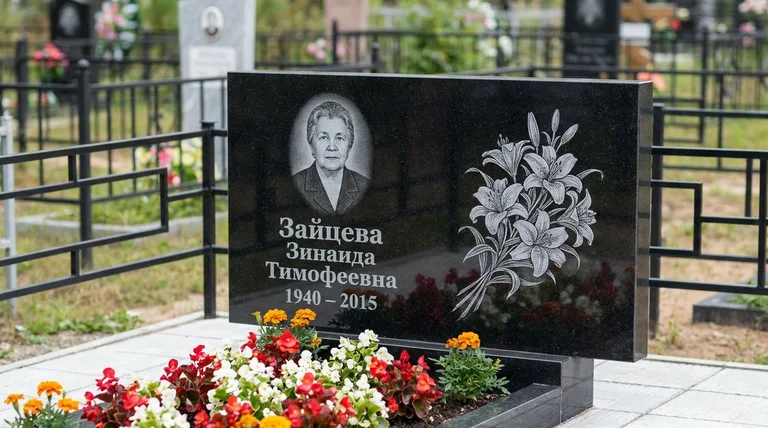 Памятник с гравировкой лилий — выполненная работа «Зайцева» в Мурманске
