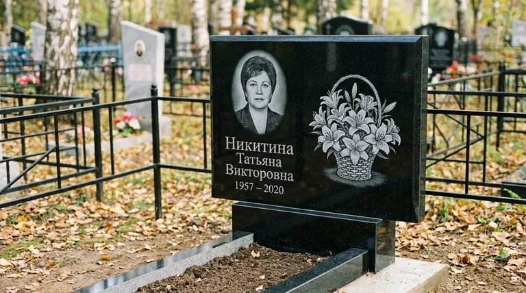 Памятник с гравировкой лилий — выполненная работа «Никитина» в Мурманске