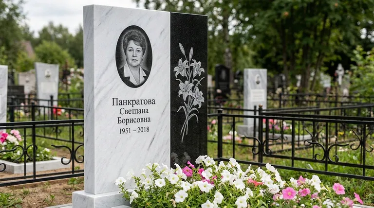 Памятник с гравировкой лилий — выполненная работа «Панкратова» в Мурманске