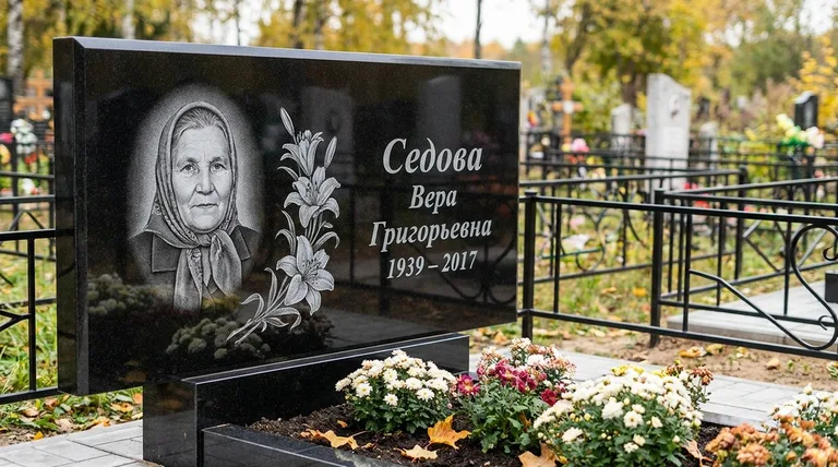 Памятник с гравировкой лилий — выполненная работа «Седова» в Мурманске