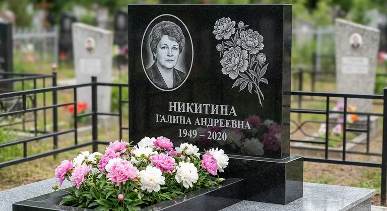 Памятник с гравировкой пионов — выполненная работа «Никитина» в Мурманске