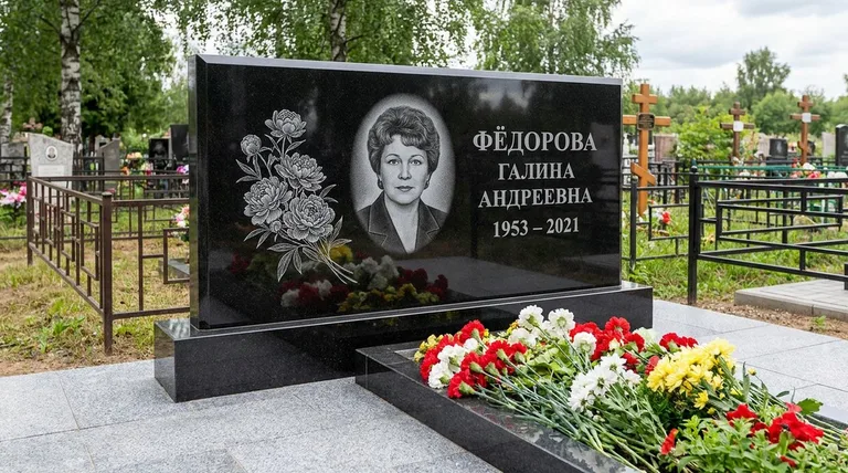 Памятник с гравировкой пионов — выполненная работа «Фёдорова» в Мурманске