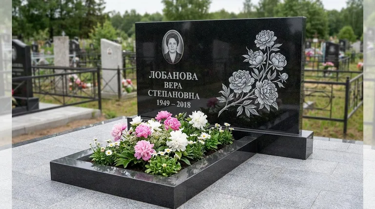 Памятник с гравировкой пионов — выполненная работа «Лобанова» в Мурманске