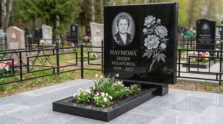 Памятник с гравировкой пионов — выполненная работа «Наумова» в Мурманске