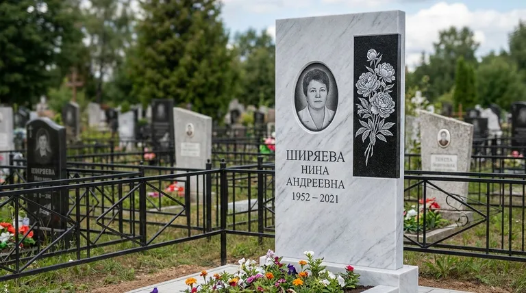 Памятник с гравировкой пионов — выполненная работа «Ширяева» в Мурманске