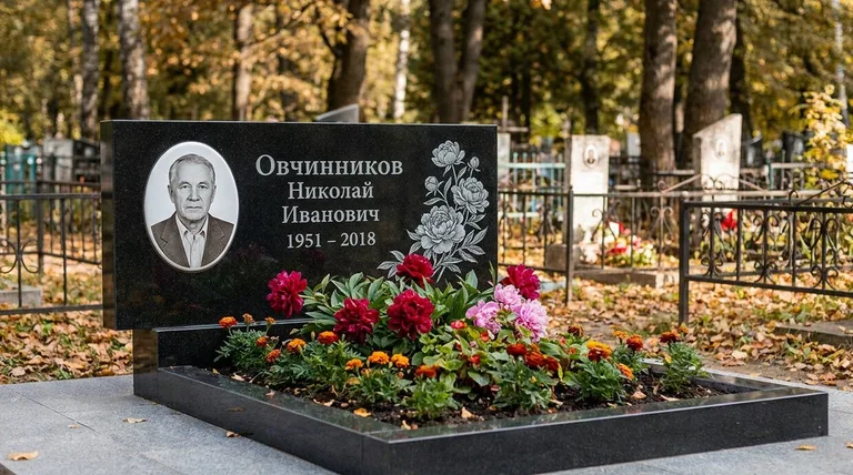 Памятник с гравировкой пионов — выполненная работа «Овчинников» в Мурманске