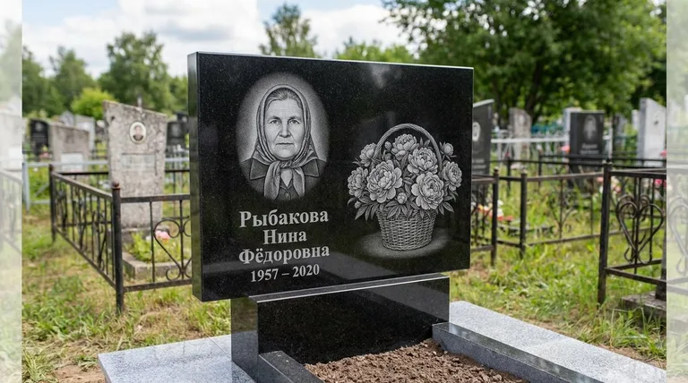 Памятник с гравировкой пионов — выполненная работа «Рыбакова» в Мурманске