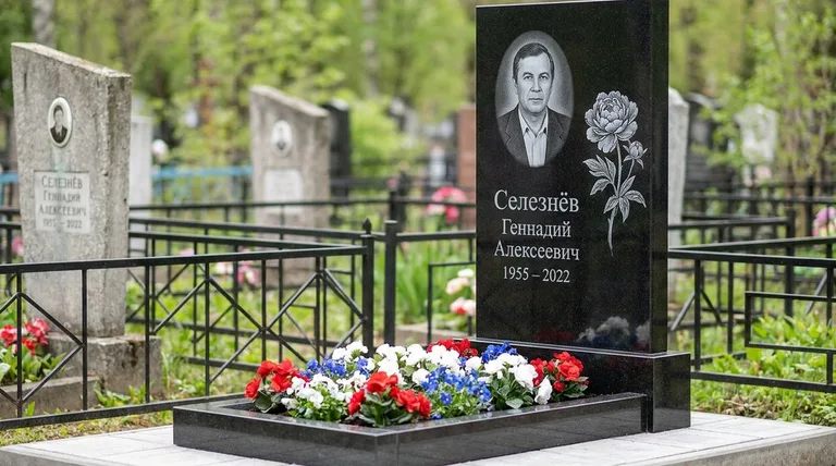 Памятник с гравировкой пионов — выполненная работа «Селезнёв» в Мурманске