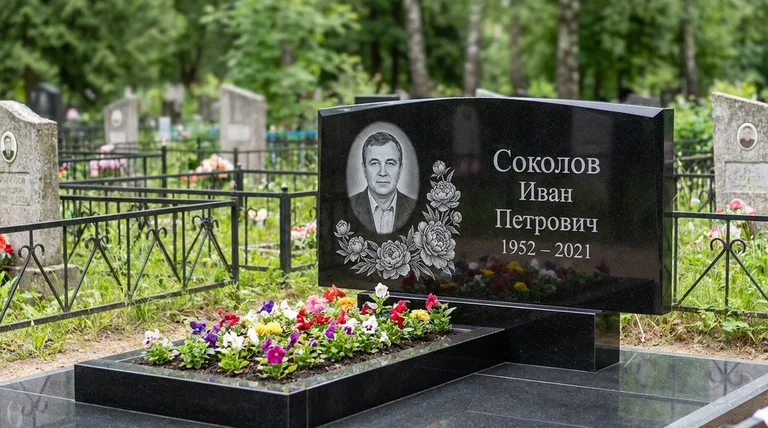 Памятник с гравировкой пионов — выполненная работа «Соколов» в Мурманске