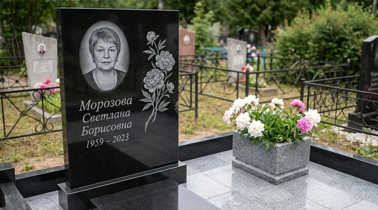 Памятник с гравировкой пионов — выполненная работа «Морозова» в Мурманске
