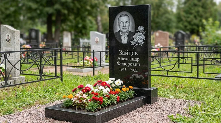 Памятник с гравировкой пионов — выполненная работа «Зайцев» в Мурманске