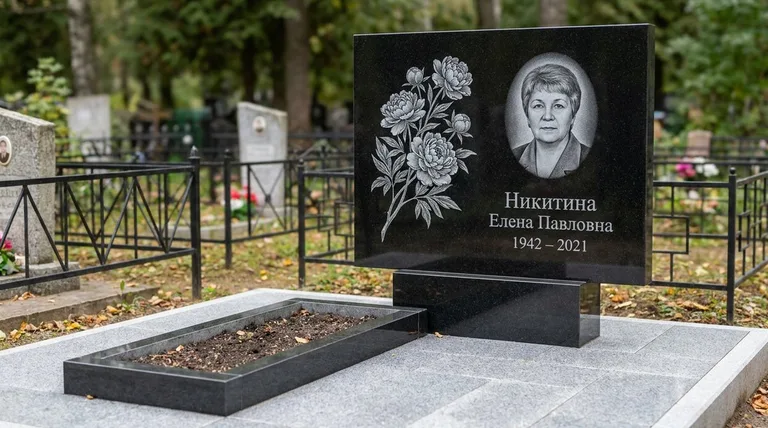 Памятник с гравировкой пионов — выполненная работа «Никитина» в Мурманске