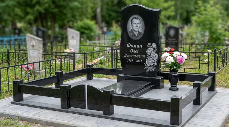 Памятник с гравировкой пионов — выполненная работа «Фомин» в Мурманске