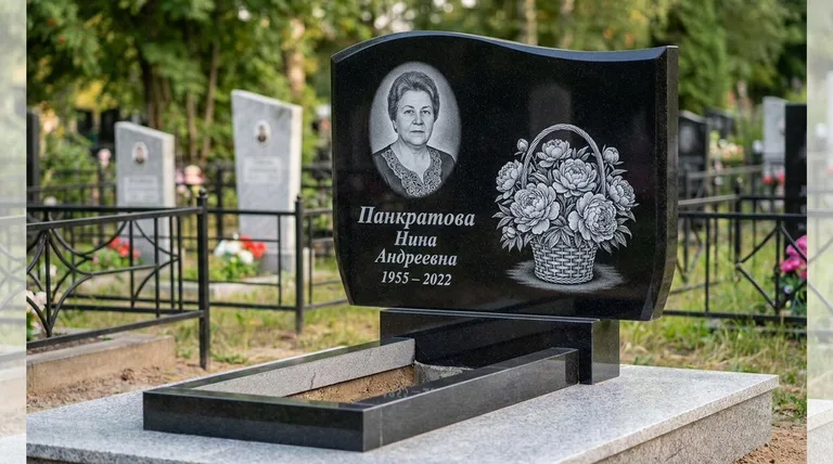 Памятник с гравировкой пионов — выполненная работа «Панкратова» в Мурманске