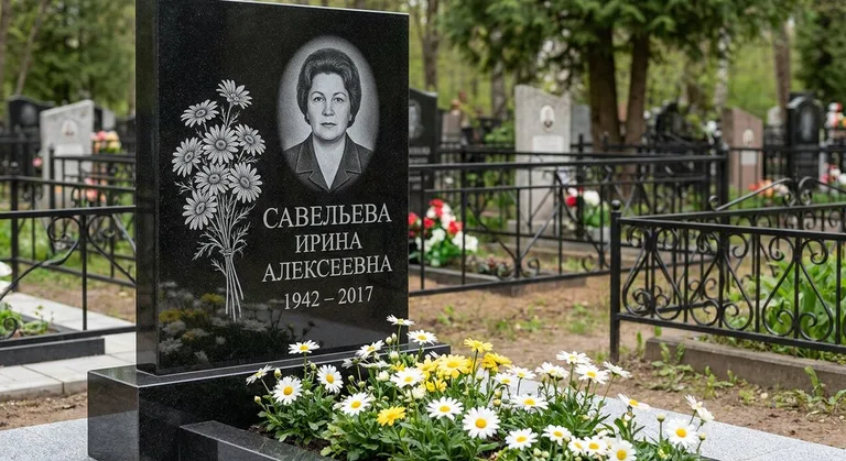 Памятник с гравировкой ромашек — выполненная работа «Савельева» в Мурманске