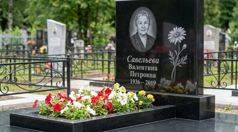 Памятник с гравировкой ромашек — выполненная работа «Савельева» в Мурманске